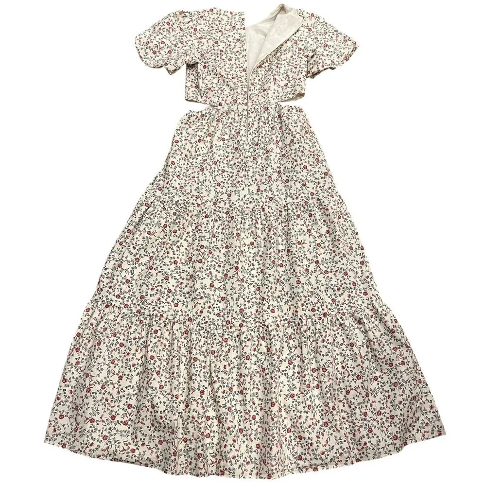 WAYF Tiered Floral Maxi Dress, Cream Blue Red, M